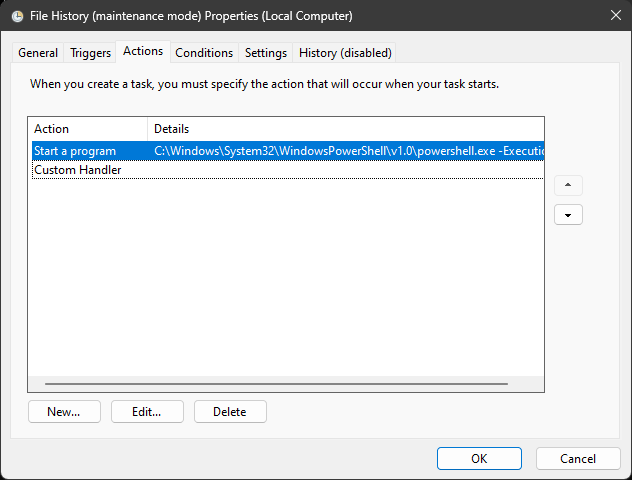 Screenshot showing the File History scheduled task actions.