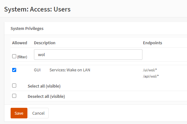 OPNSense web interface showing the Wake On Lan system priveleges