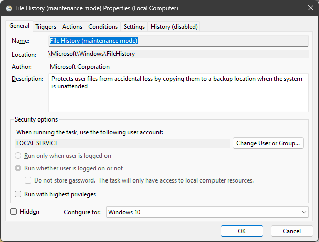 Screenshot showing the File History scheduled task details